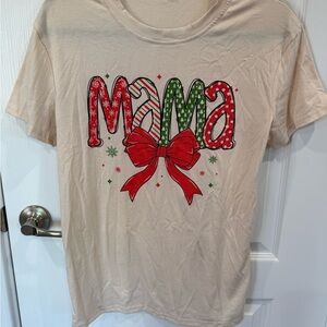 Cream 'Mama' Christmas Graphic Tee with Red Bow